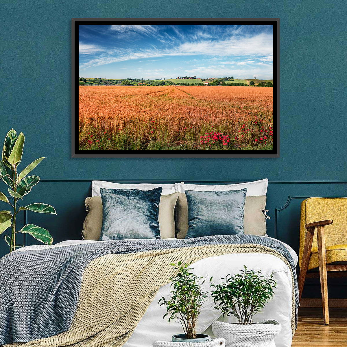 Golden Wheat Field with Poppies Wall Art in a room, landscape