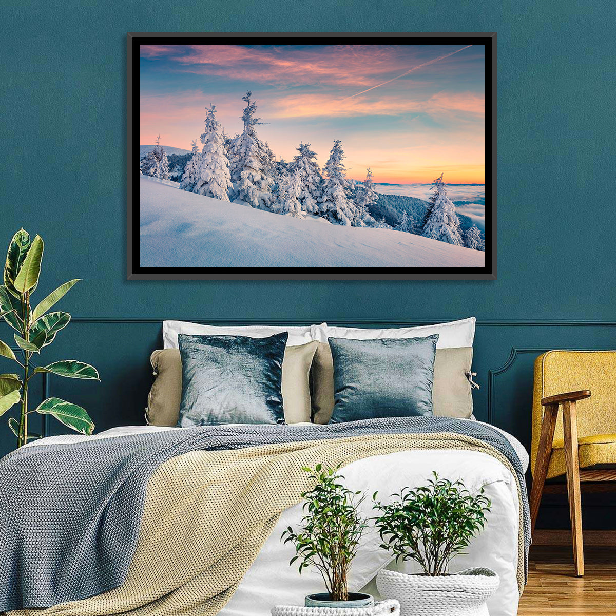 Snowy Carpathian Sunset Wall Art in a room, landscape