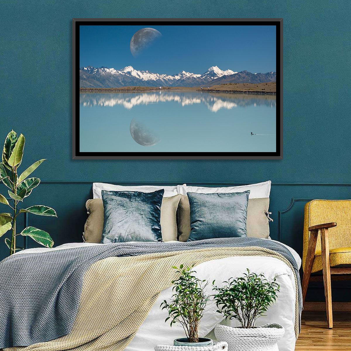 Moon Over Mt Cook and Lake Pukaki Wall Art in a room, landscape