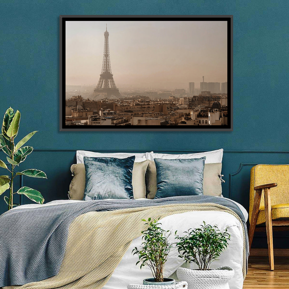 Eiffel Tower Over Paris Rooftops Wall Art in a room, landscape