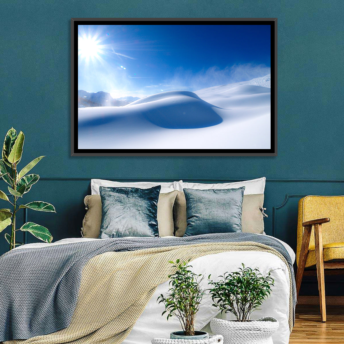 Sunlit Snow Dune Under Blue Sky Wall Art in a room, landscape