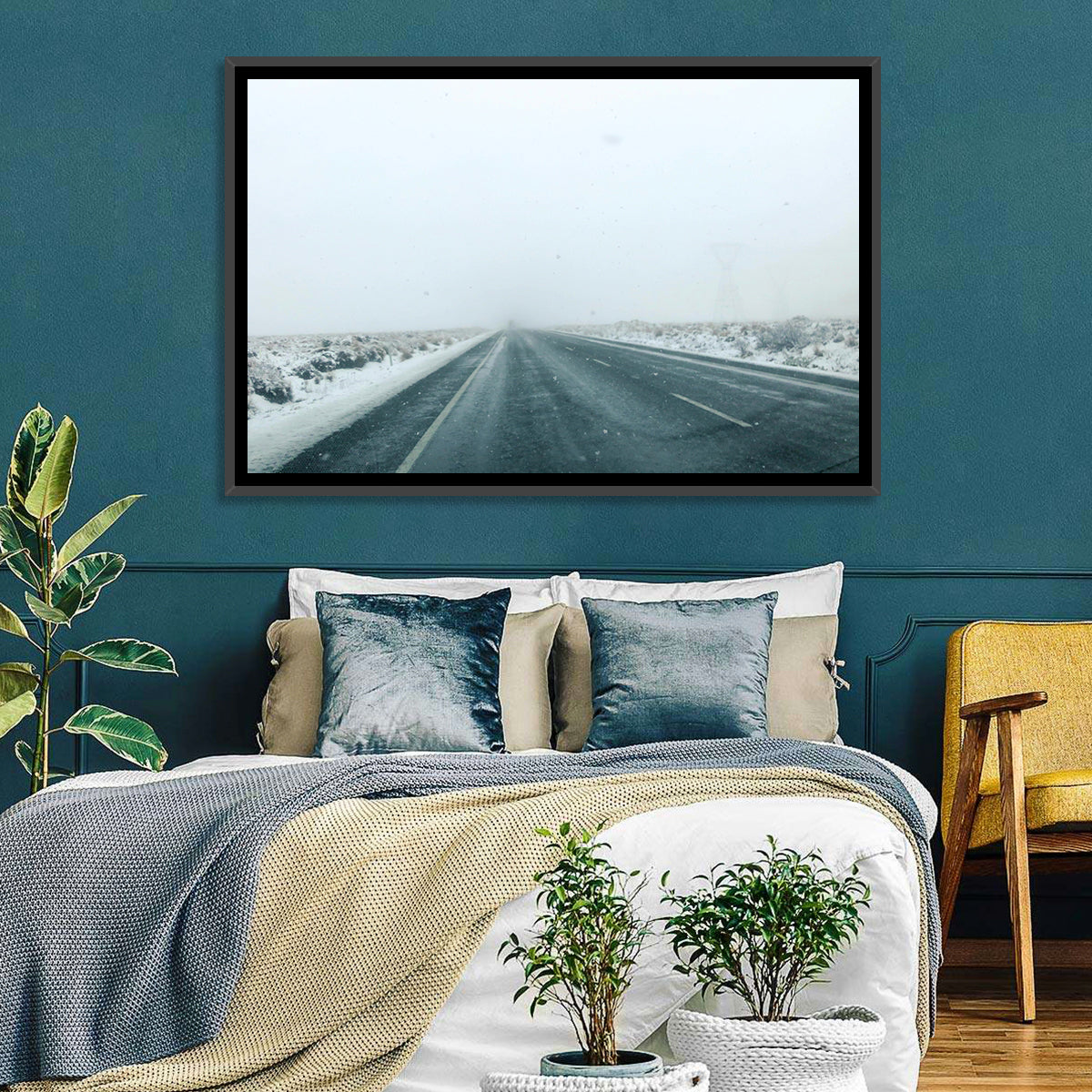 Foggy Winter Mountain Road Wall Art in a room, landscape