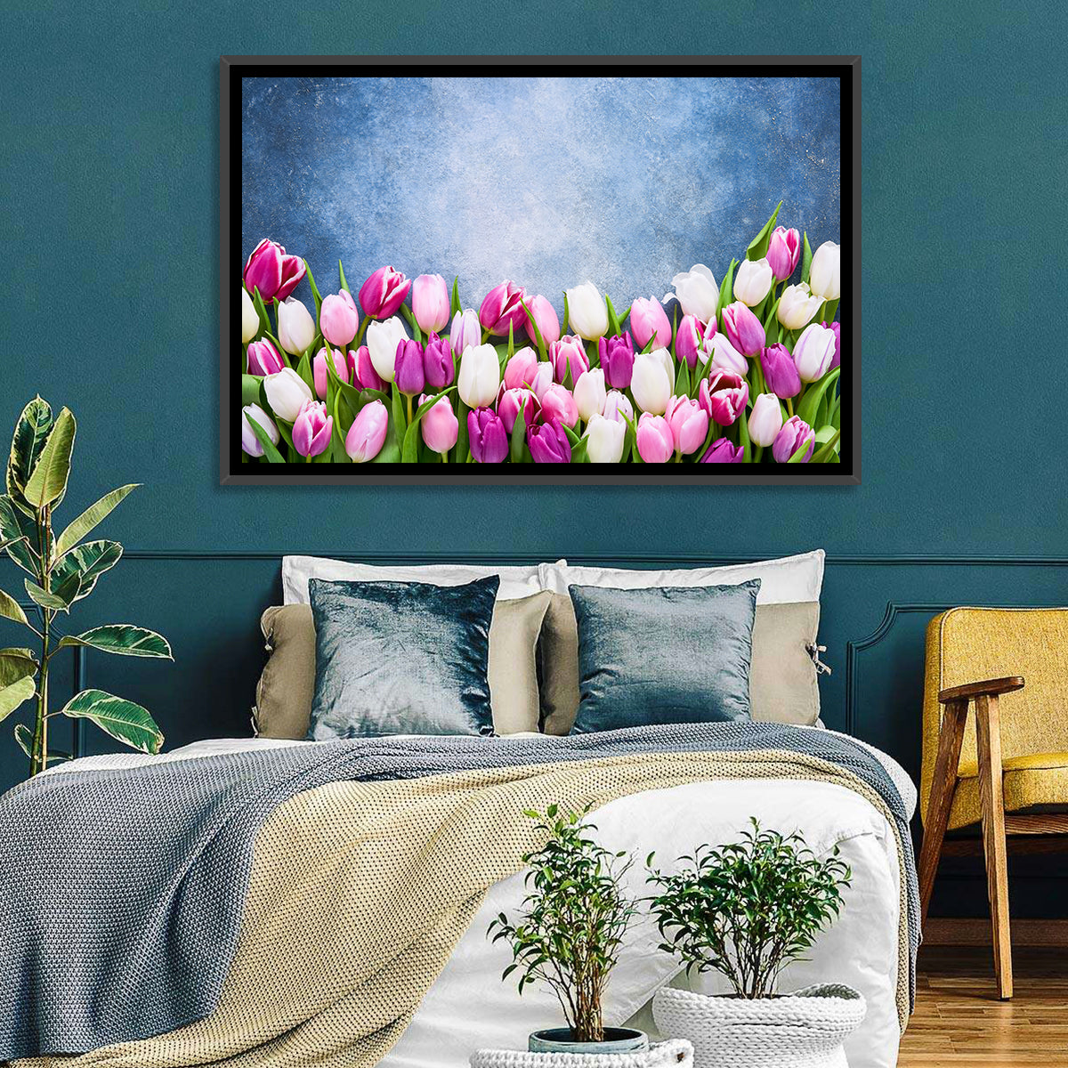 Tulips on Textured Blue Wall Art