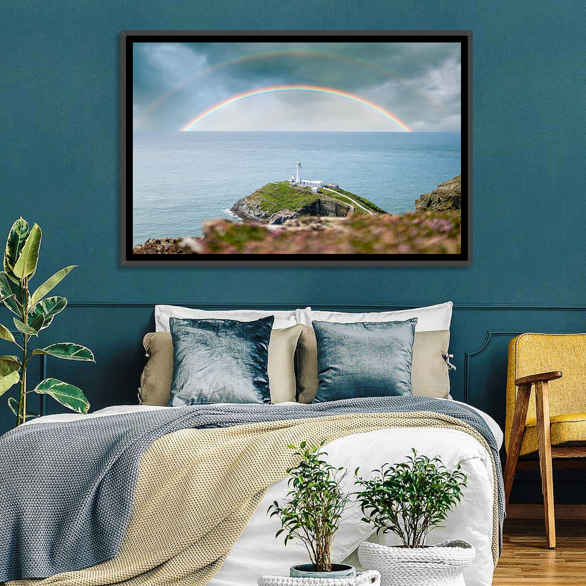 South Stack Lighthouse Coastline Wall Art in a room, landscape