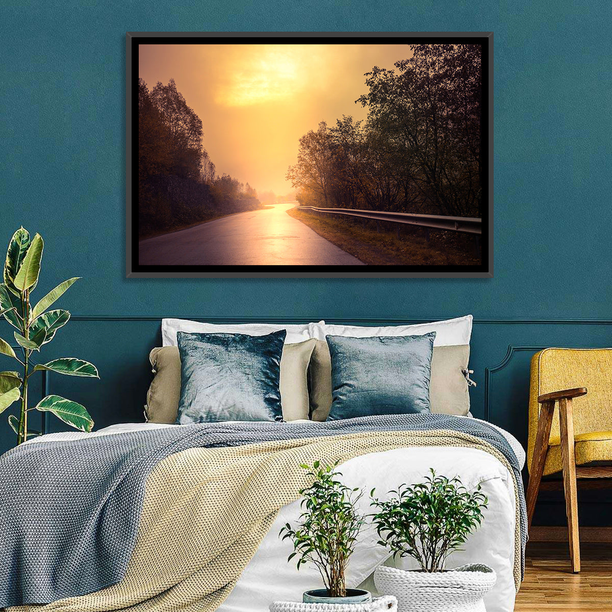 Windy Misty Forest Road Wall Art in a room, landscape