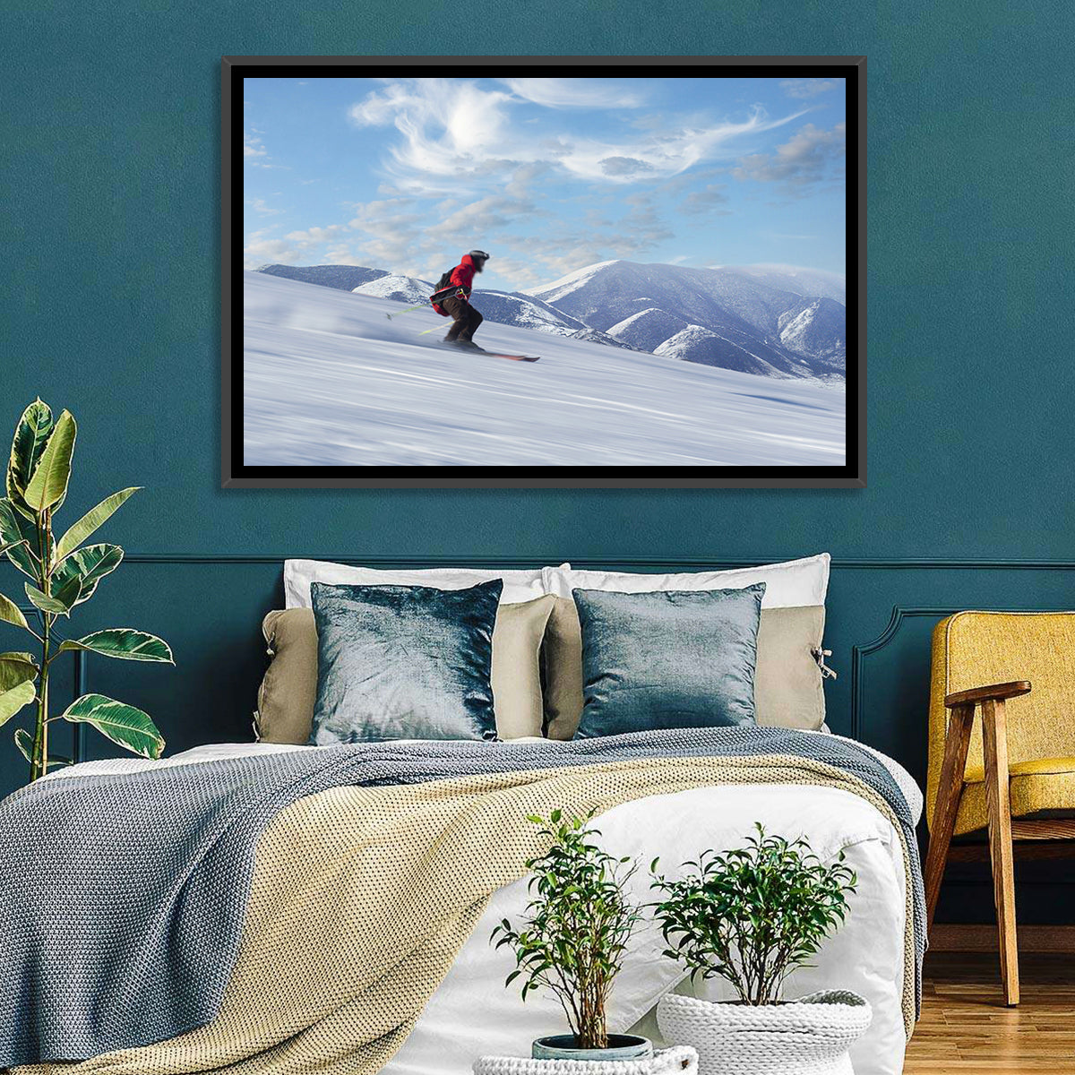 Skier on Snowy Mountain Slope Wall Art in a room, landscape