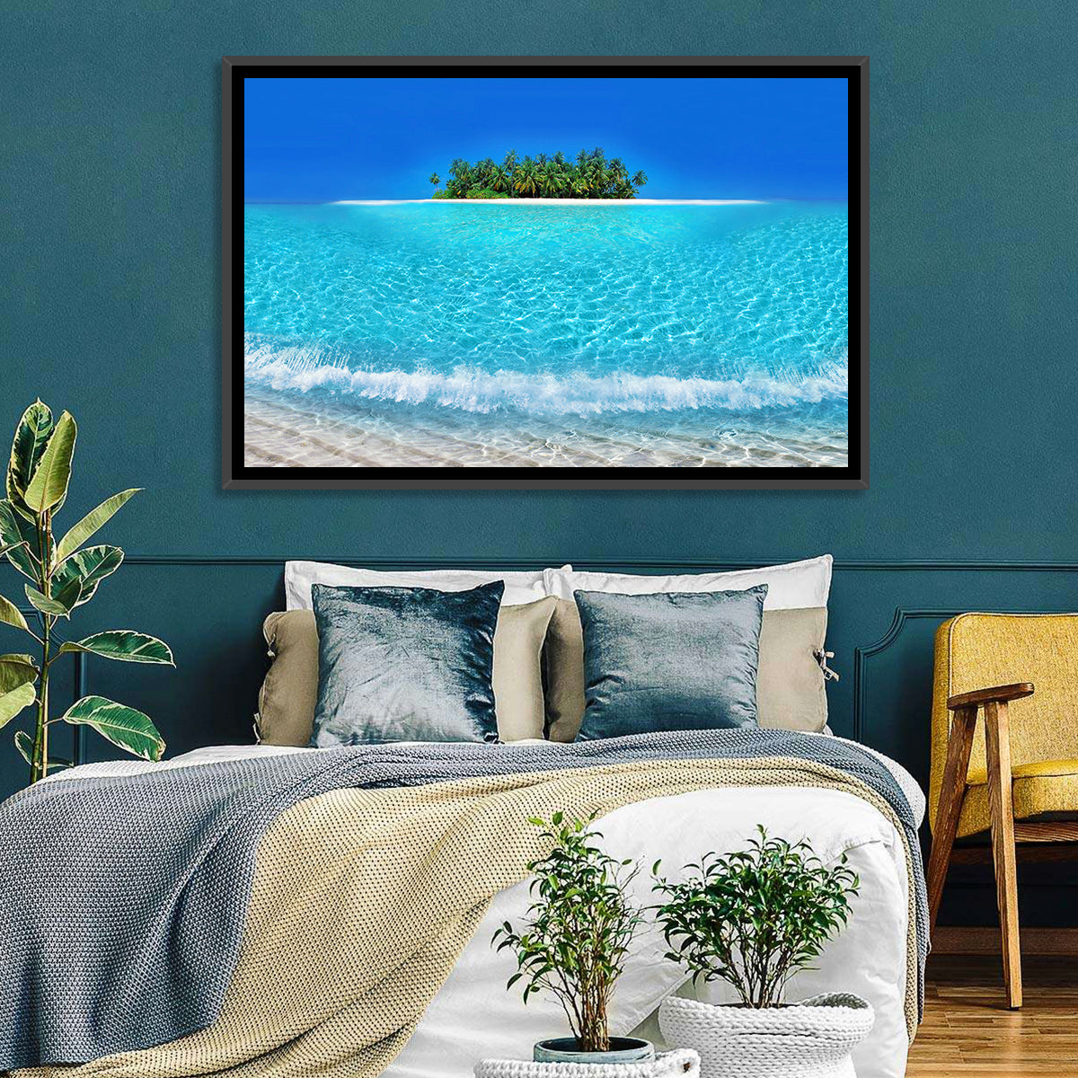 Turquoise Atoll Sandbar with Palm Trees Wall Art in a room, landscape