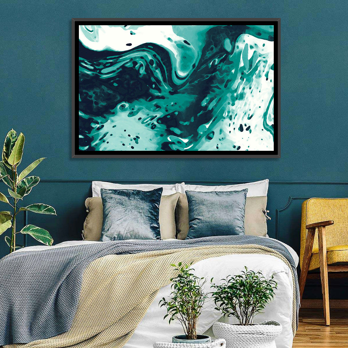 Teal Wave Abstract Wall Art in a room, landscape