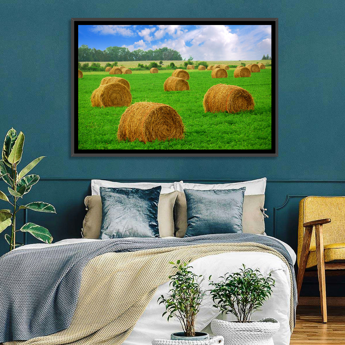 Golden Hay Bales in Green Field Wall Art in a room, landscape
