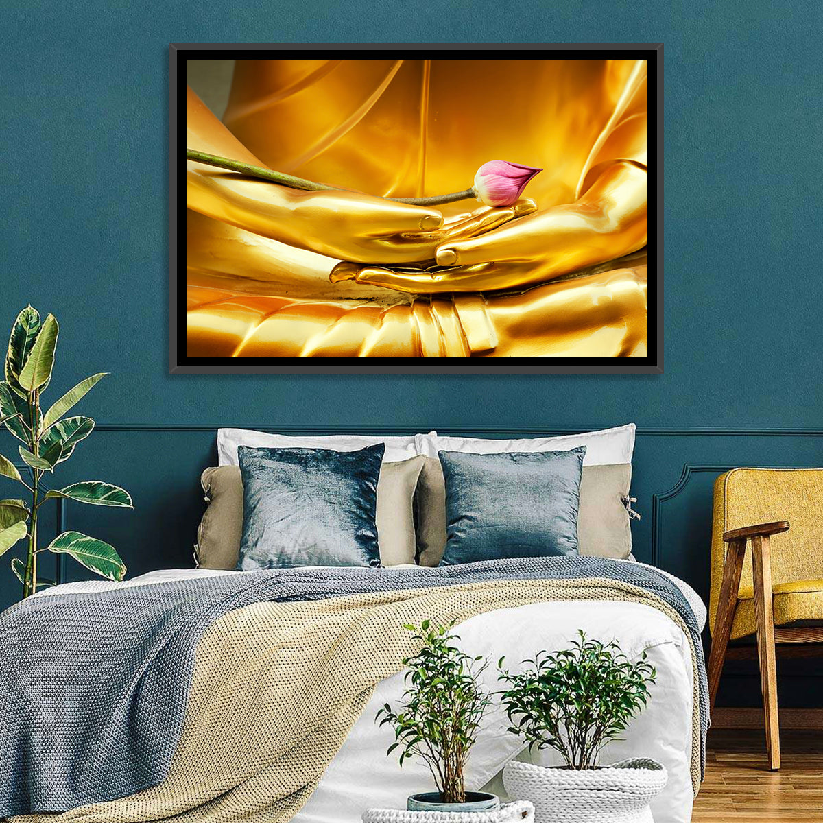 Buddha Hands with Lotus Wall Art in a room, landscape