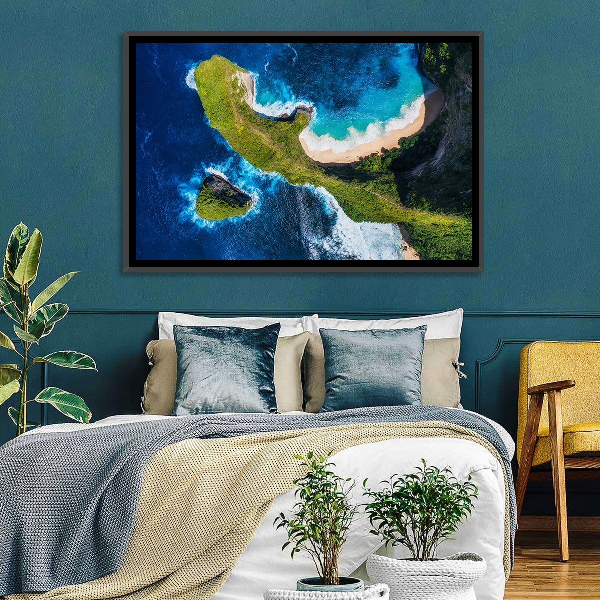 Kelingking Beach Cliffs Wall Art in a room, landscape