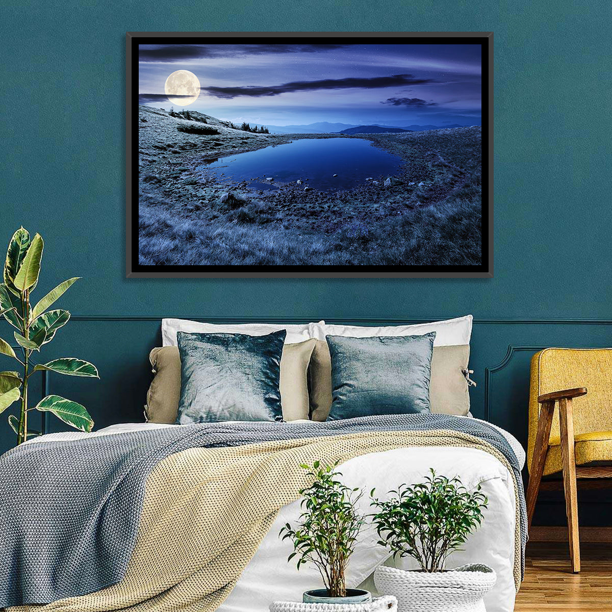 Mountain Lake at Night Wall Art in a room, landscape