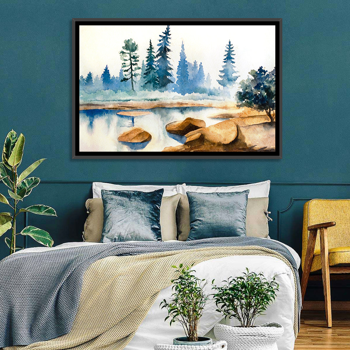 Misty Pine Stream Wall Art in a room, landscape