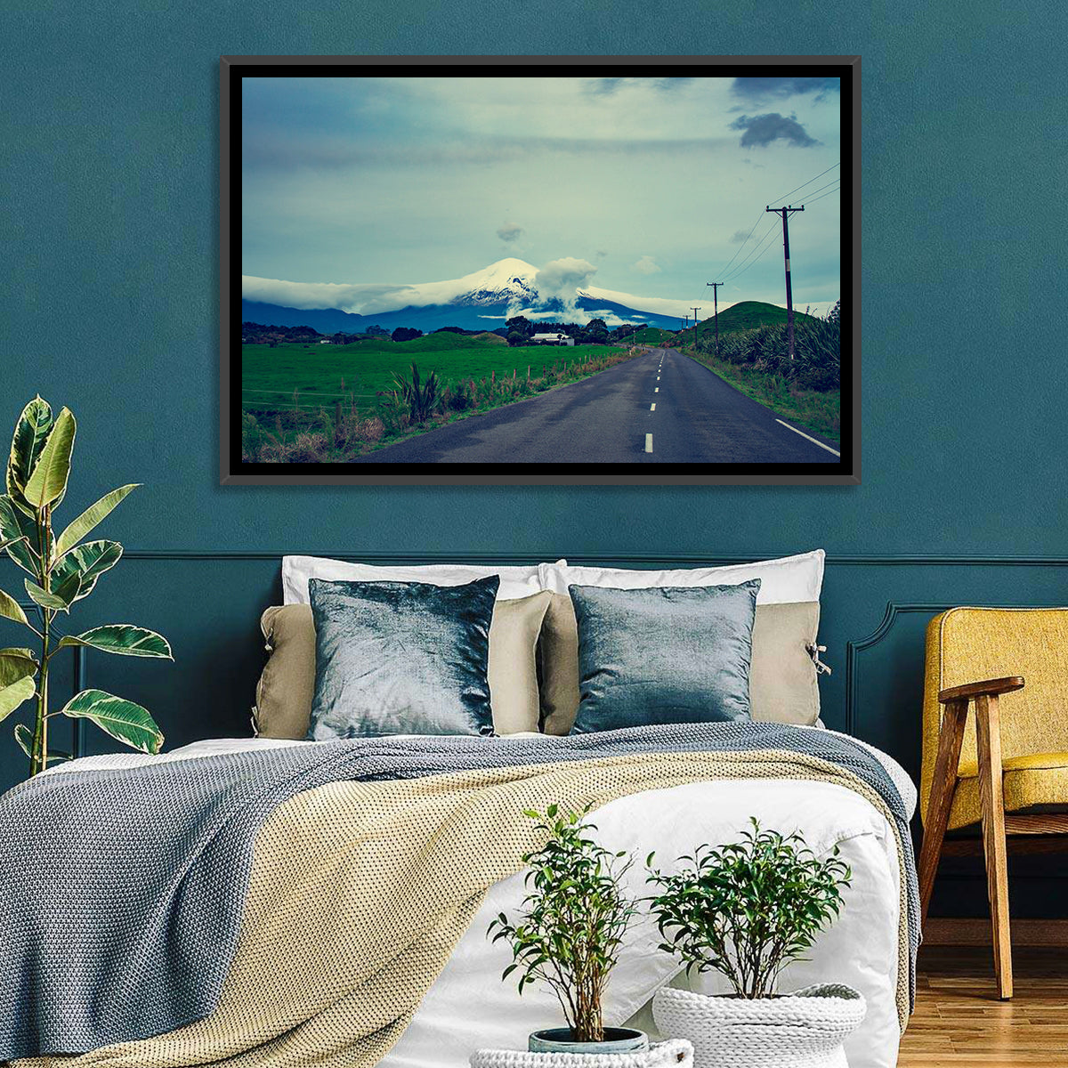 Empty Road to Mount Taranaki Wall Art in a room, landscape