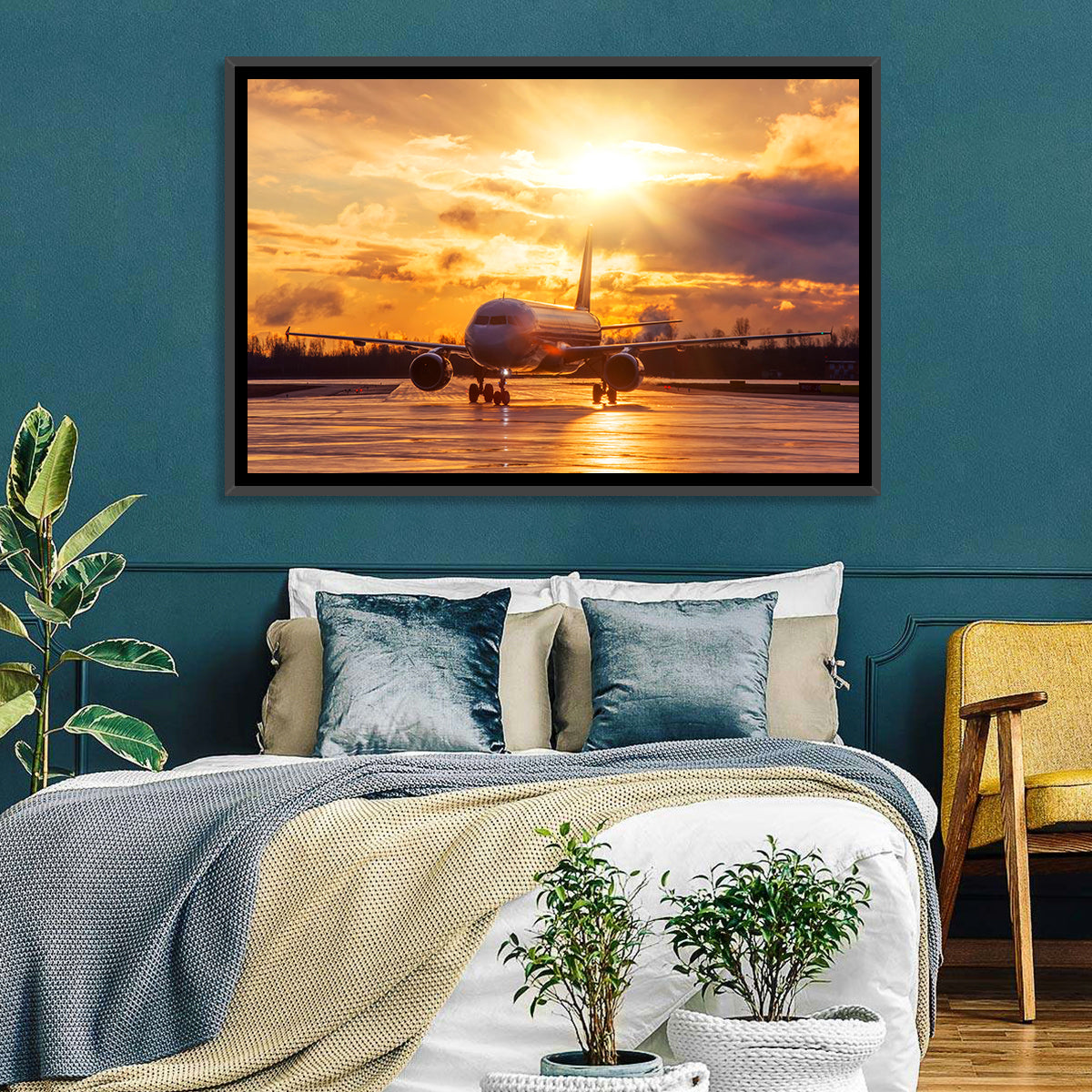 Golden Hour Airliner on Wet Runway Wall Art in a room, landscape
