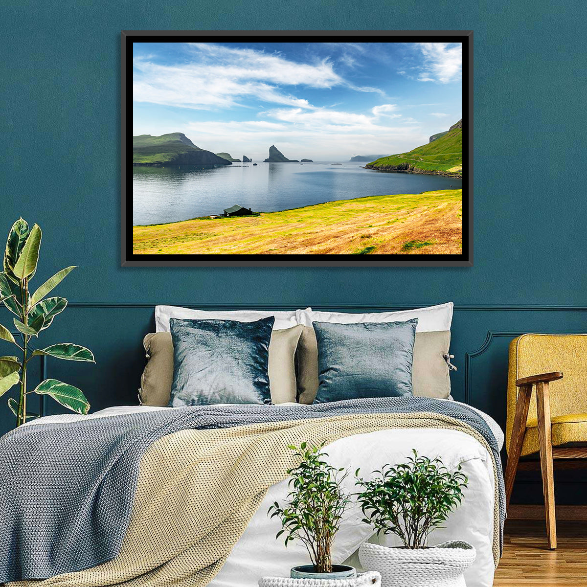 Tindhólmur and Drangarnir Coastal Bay Wall Art in a room, landscape
