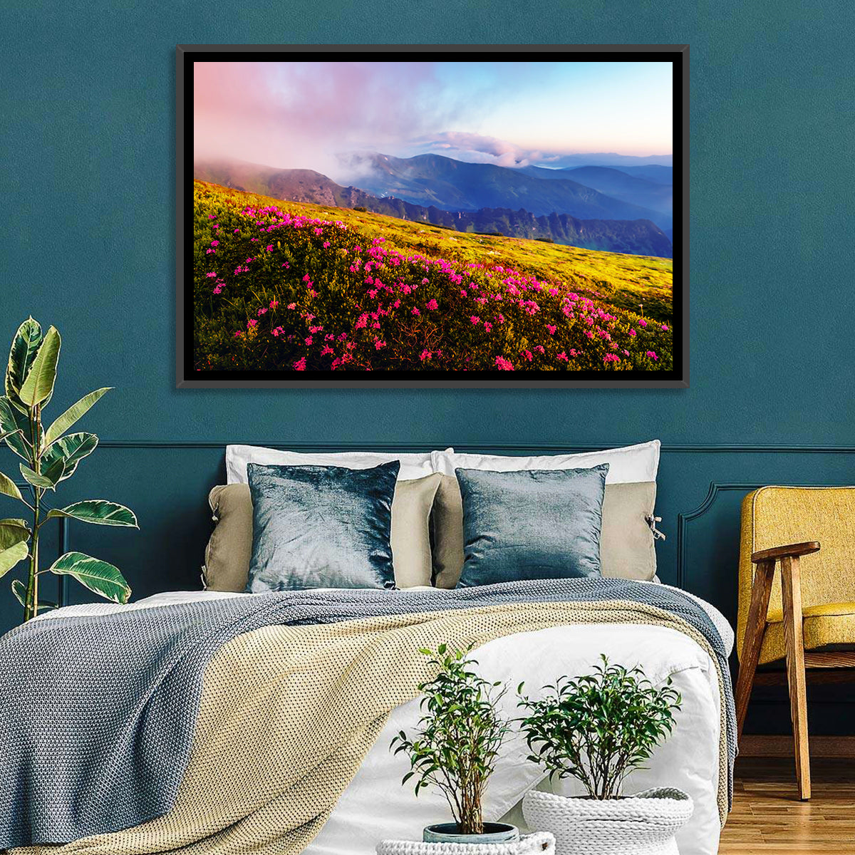 Alpine Rhododendron Meadow at Golden Hour Wall Art in a room, landscape