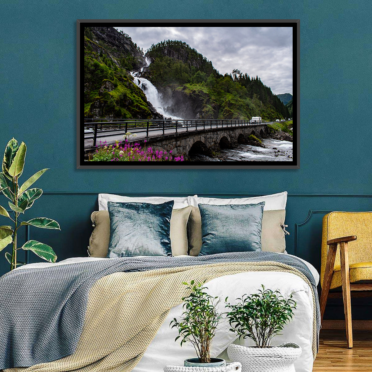 Låtefossen Stone Bridge and Waterfall Wall Art in a room, landscape
