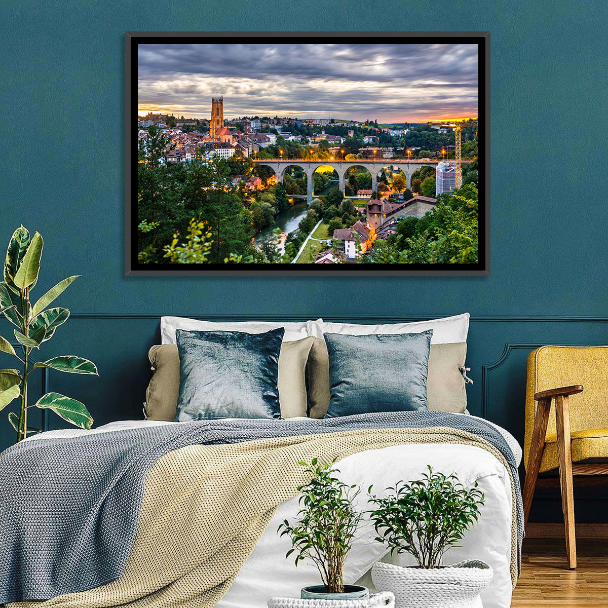 Zähringen Bridge at Twilight, Fribourg Wall Art in a room, landscape