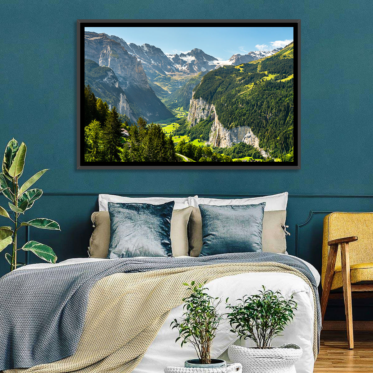 Lauterbrunnen Valley Waterfall View Wall Art in a room, landscape