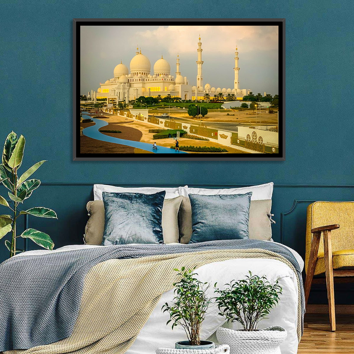 Sheikh Zayed Grand Mosque at Golden Dusk Wall Art in a room, landscape