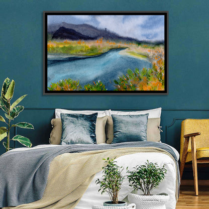Misty Autumn River and Mountain Landscape Wall Art