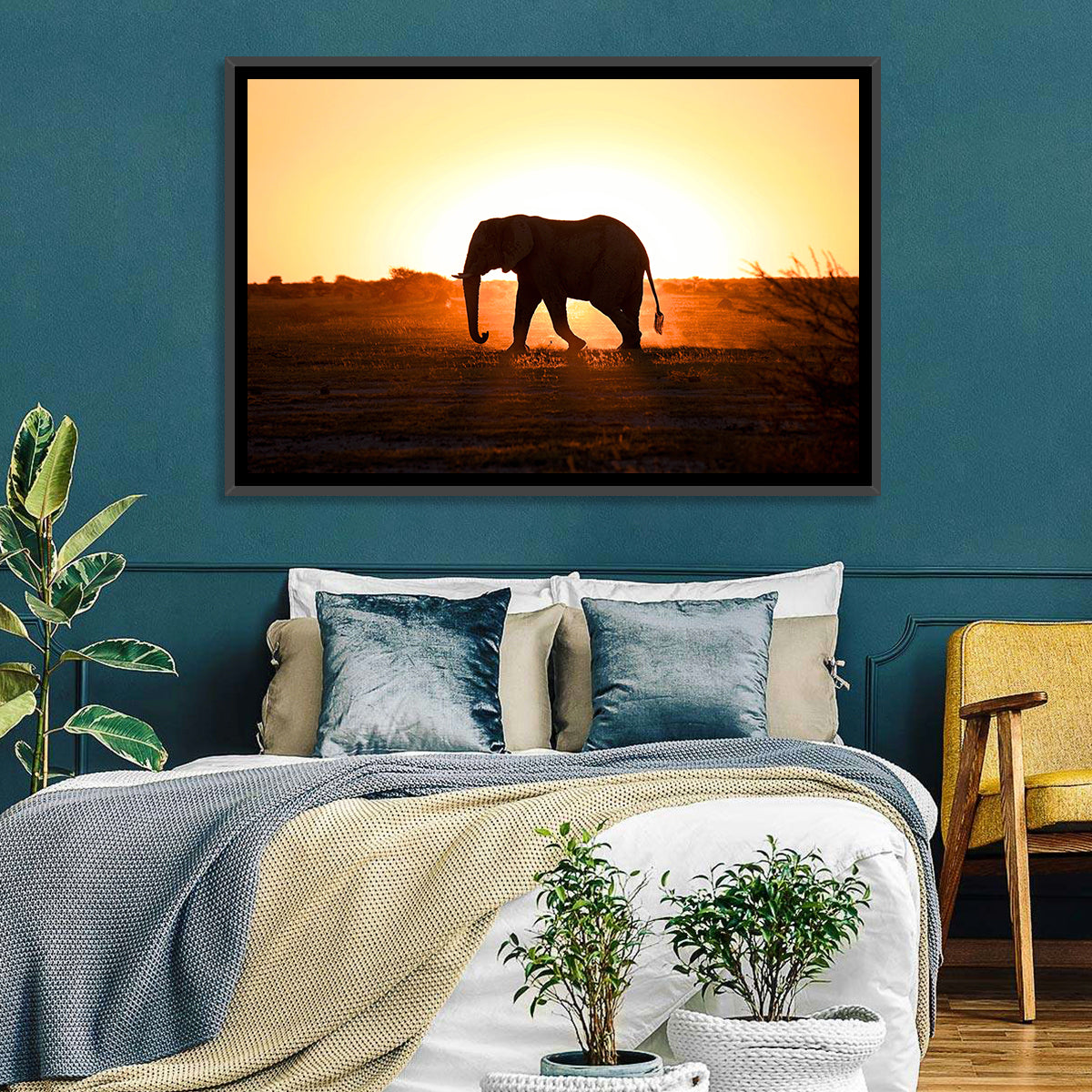 Golden Hour Elephant Silhouette Wall Art in a room, landscape