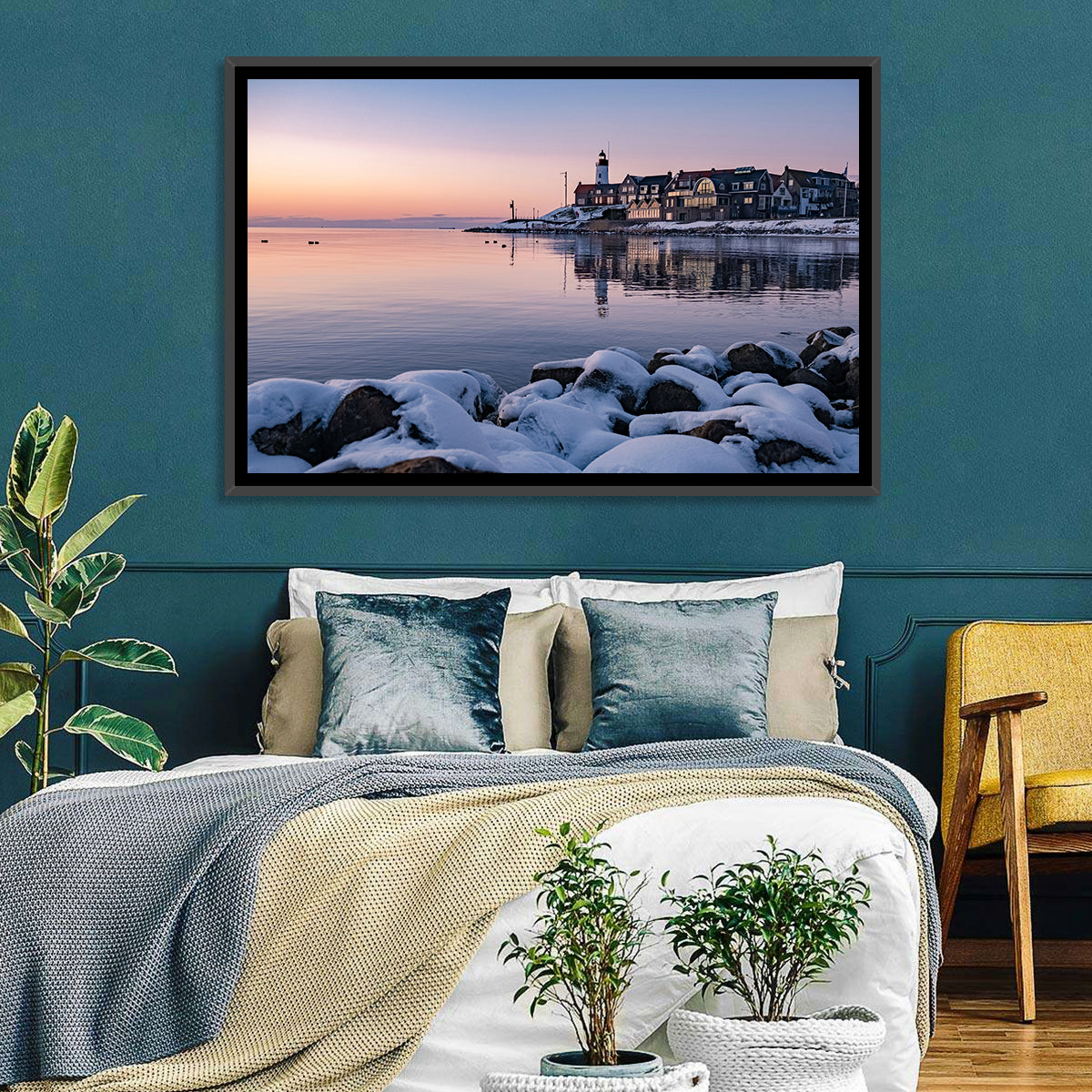 Urk Lighthouse Winter Twilight Harbor Wall Art in a room, landscape