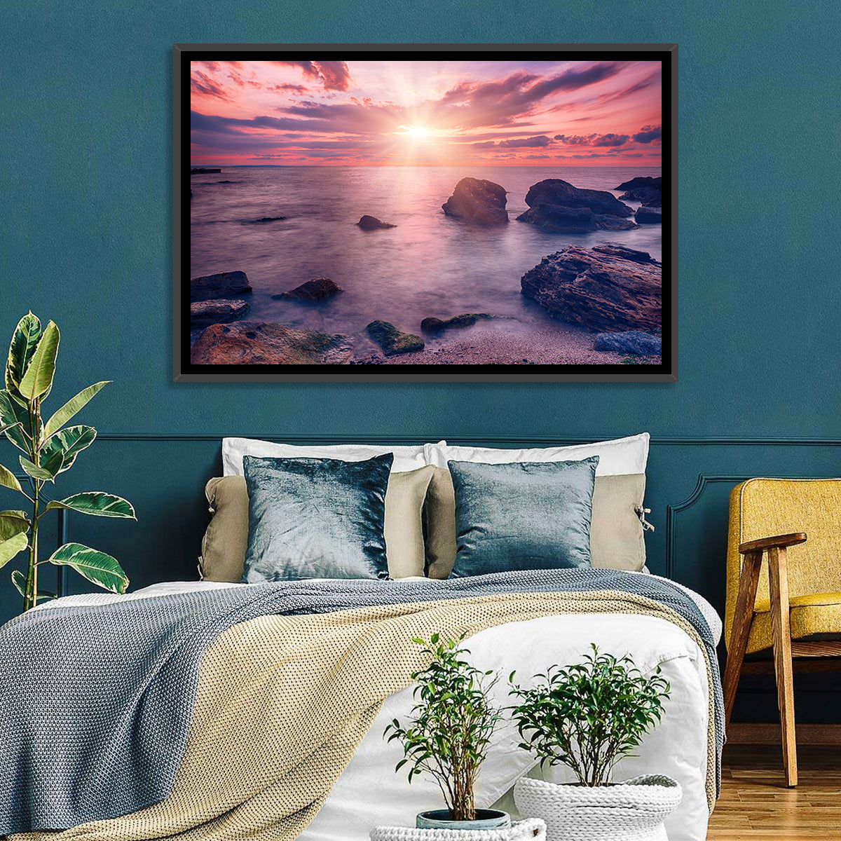 Ethereal Sea Sunrise Wall Art in a room, landscape