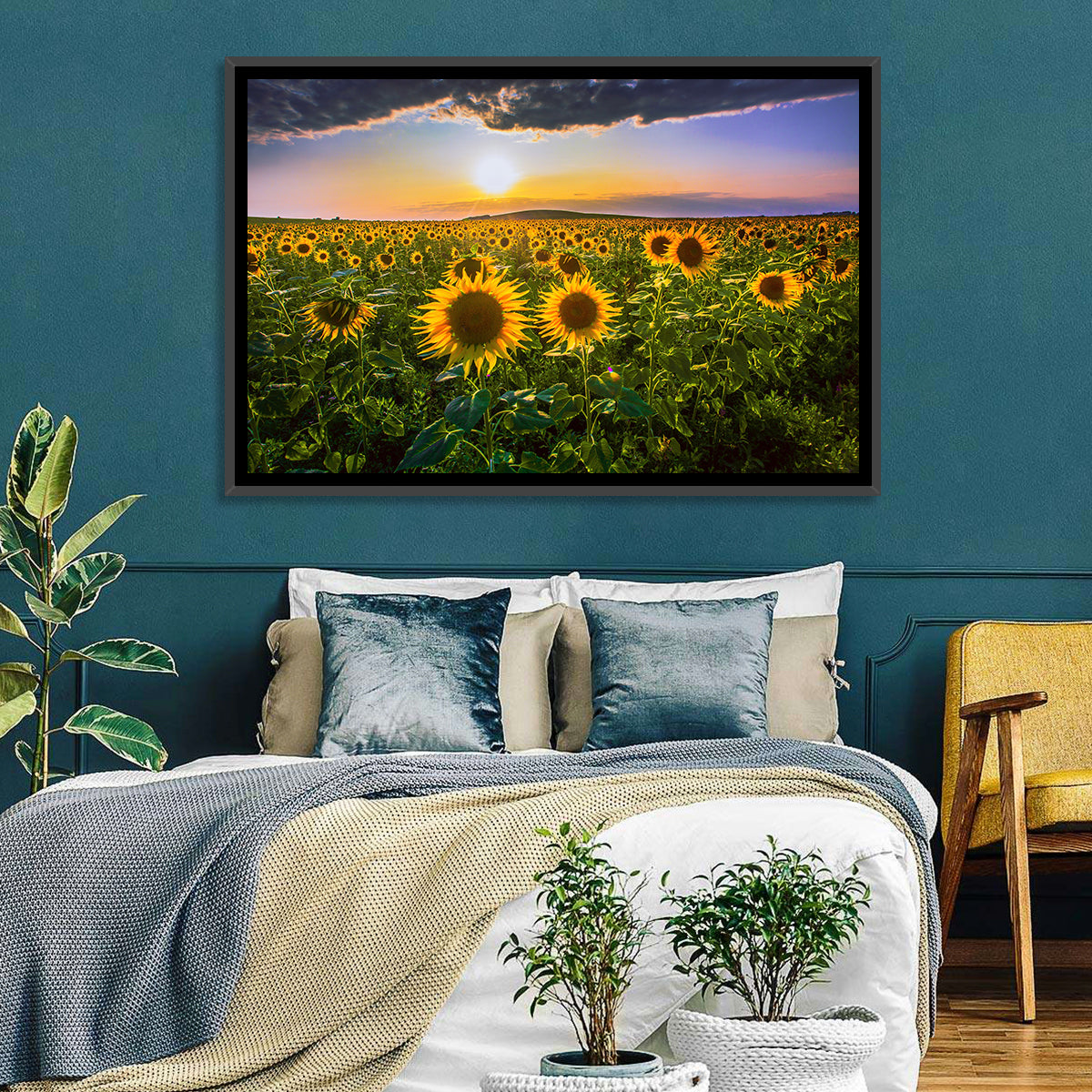 Sunflower Field at Golden Hour Wall Art in a room, landscape