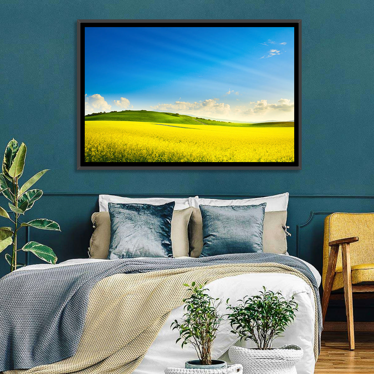 Rapeseed Field and Rolling Hills Under Blue Sky Wall Art
