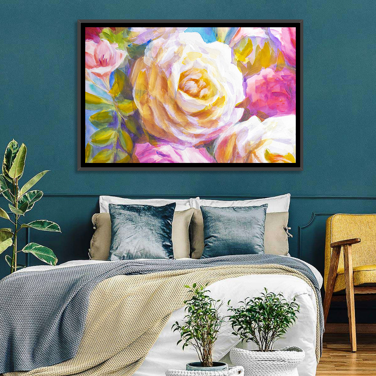 White and Gold Rose Bouquet Wall Art in a room, landscape
