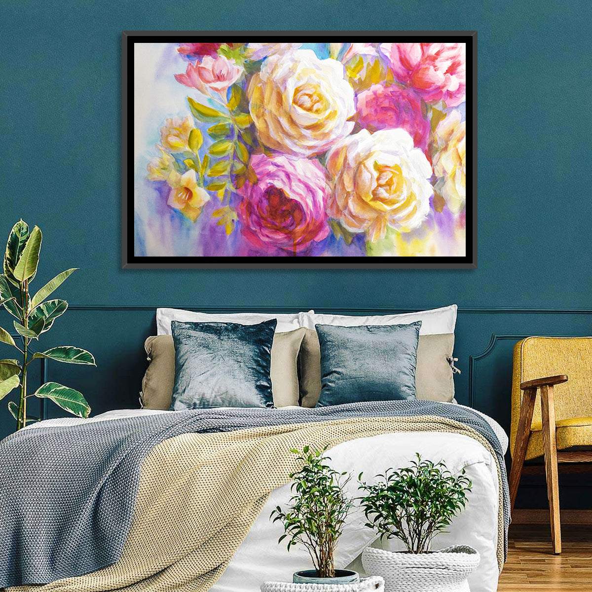 Layered Watercolor Rose Bouquet Wall Art in a room, landscape