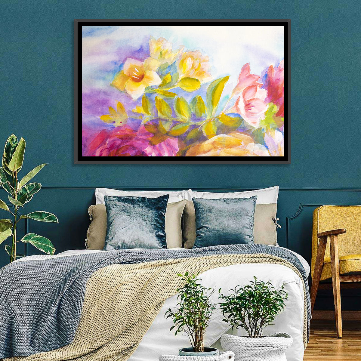 Pink and Yellow Watercolor Blossoms Wall Art in a room, landscape