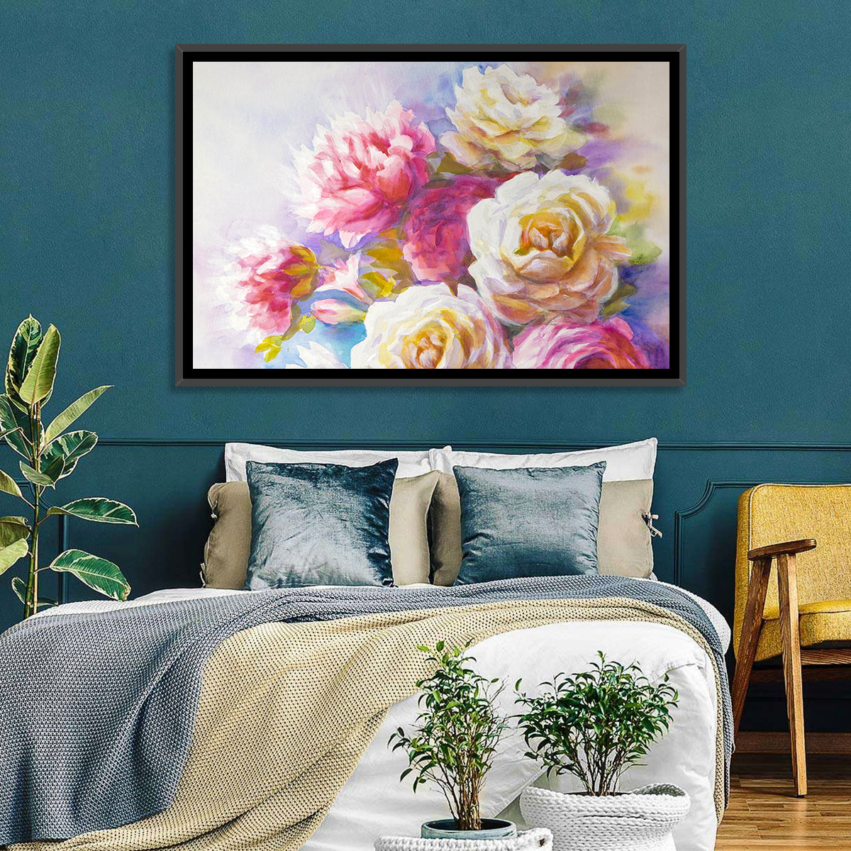 Watercolor Peony Bouquet Wall Art in a room, landscape