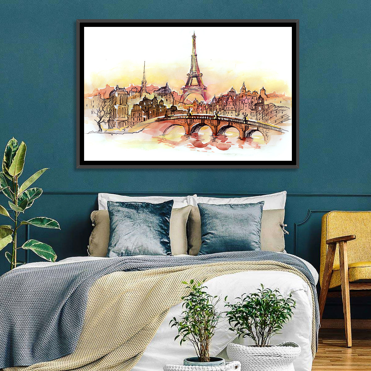 Eiffel Tower Watercolor at Dusk Wall Art in a room, landscape