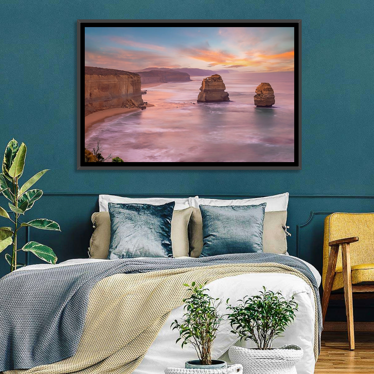Twelve Apostles Sunset Sea Stacks Wall Art in a room, landscape