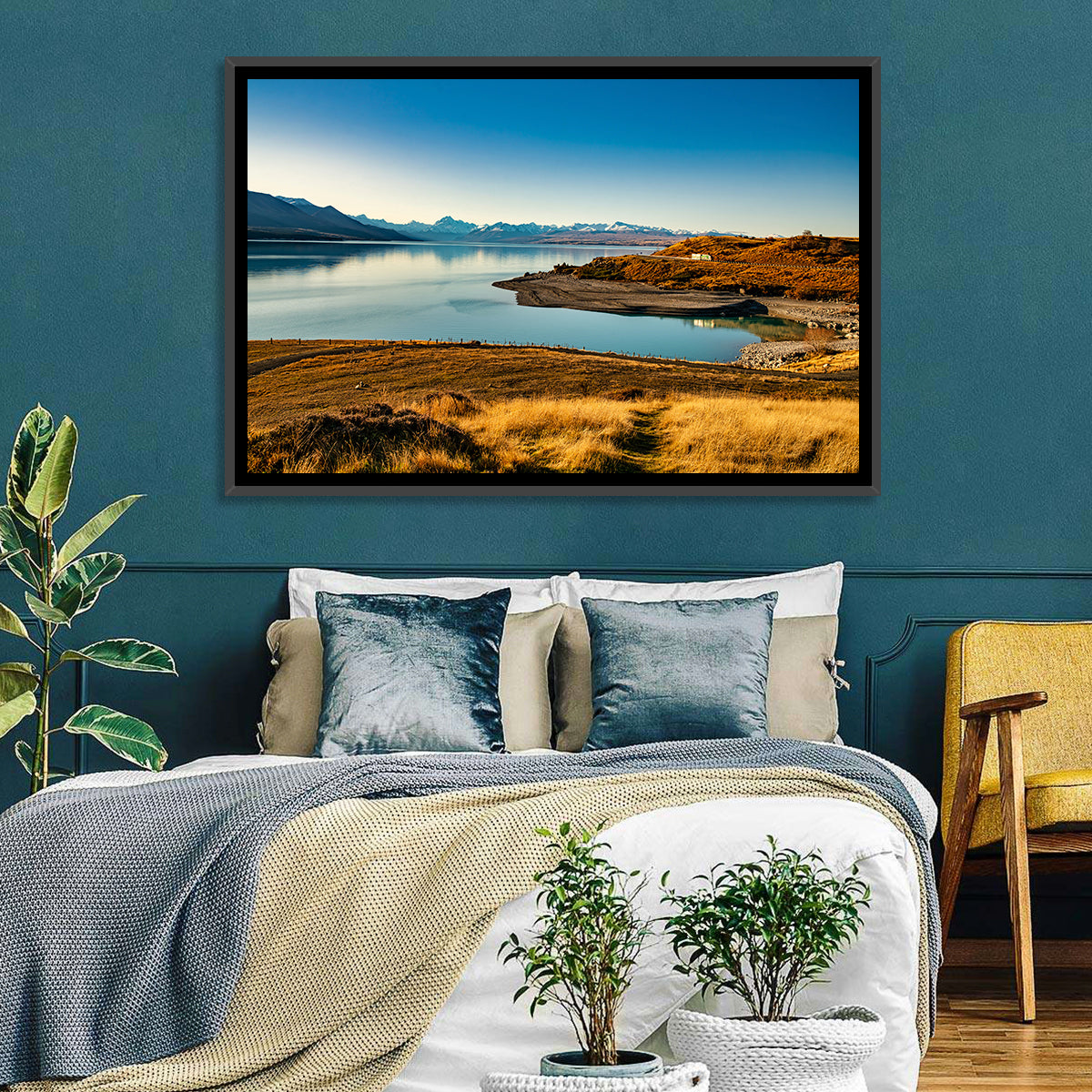 Lake Pukaki Golden Hour with Mount Cook Wall Art in a room, landscape