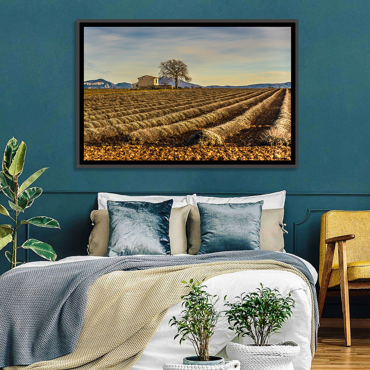 Rustic Provence Lavender Rows at Golden Hour Wall Art in a room, landscape
