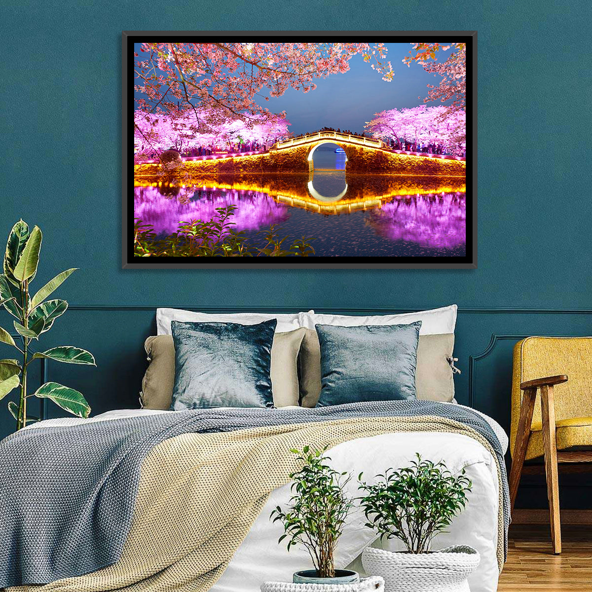 Illuminated Cherry Blossom Bridge Wall Art in a room, landscape