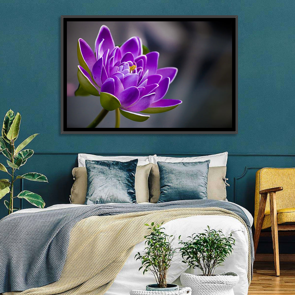 Purple Water Lily Close-up Wall Art in a room, landscape