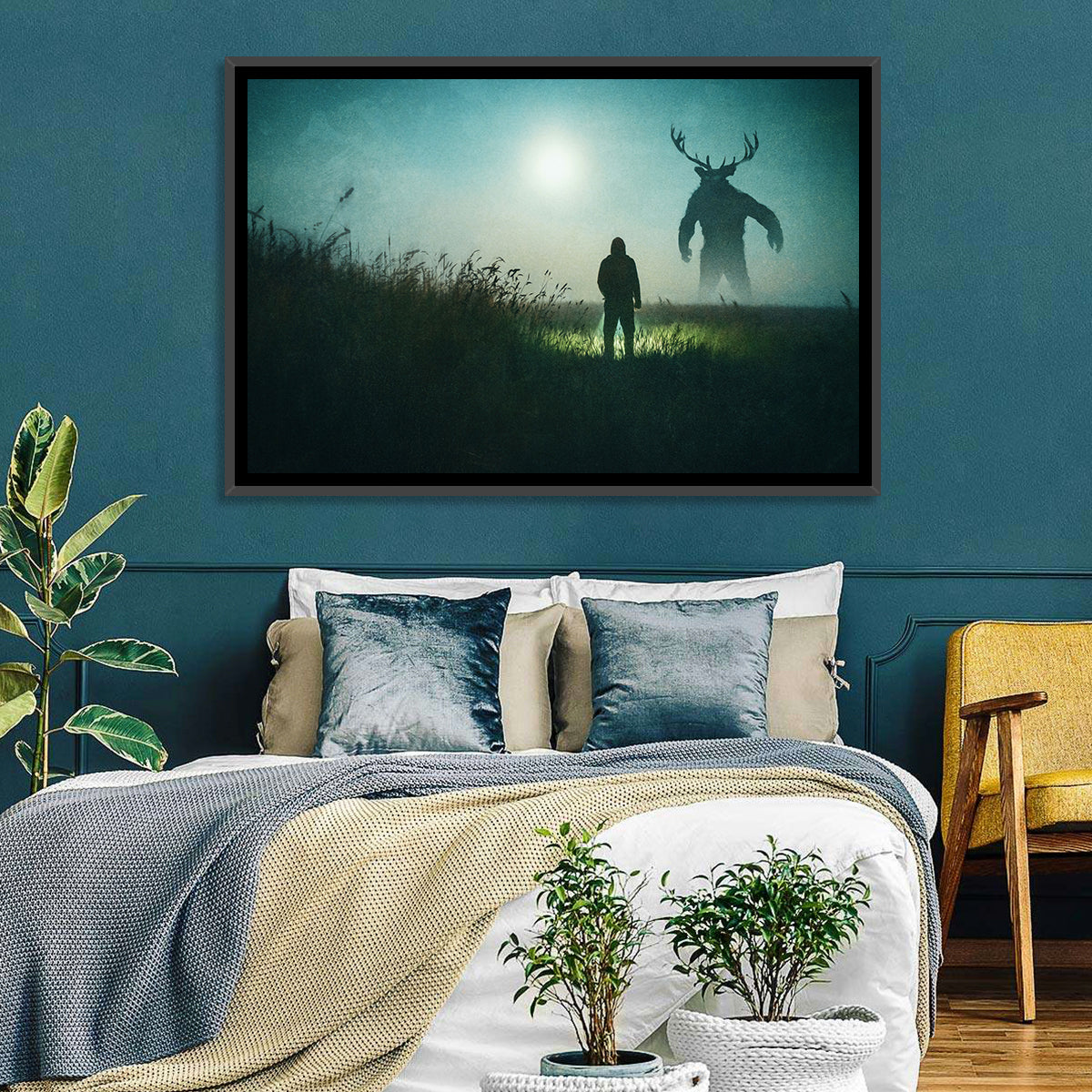 Antlered Shadow in Mist Wall Art in a room, landscape