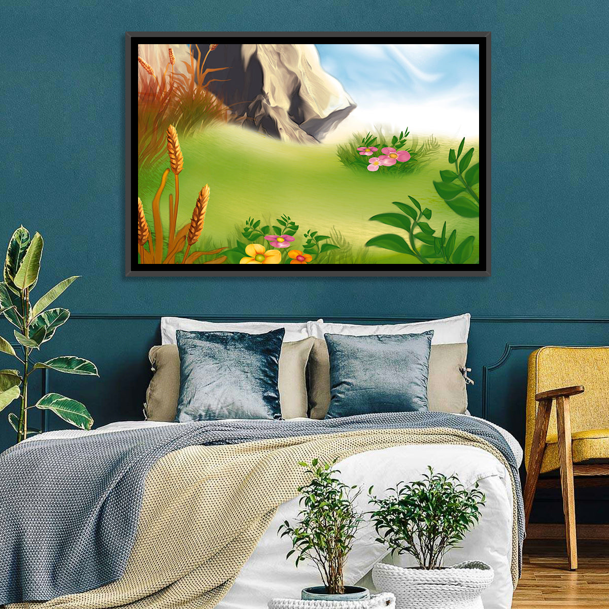 Sunny Mountain Meadow Illustration Wall Art in a room, landscape