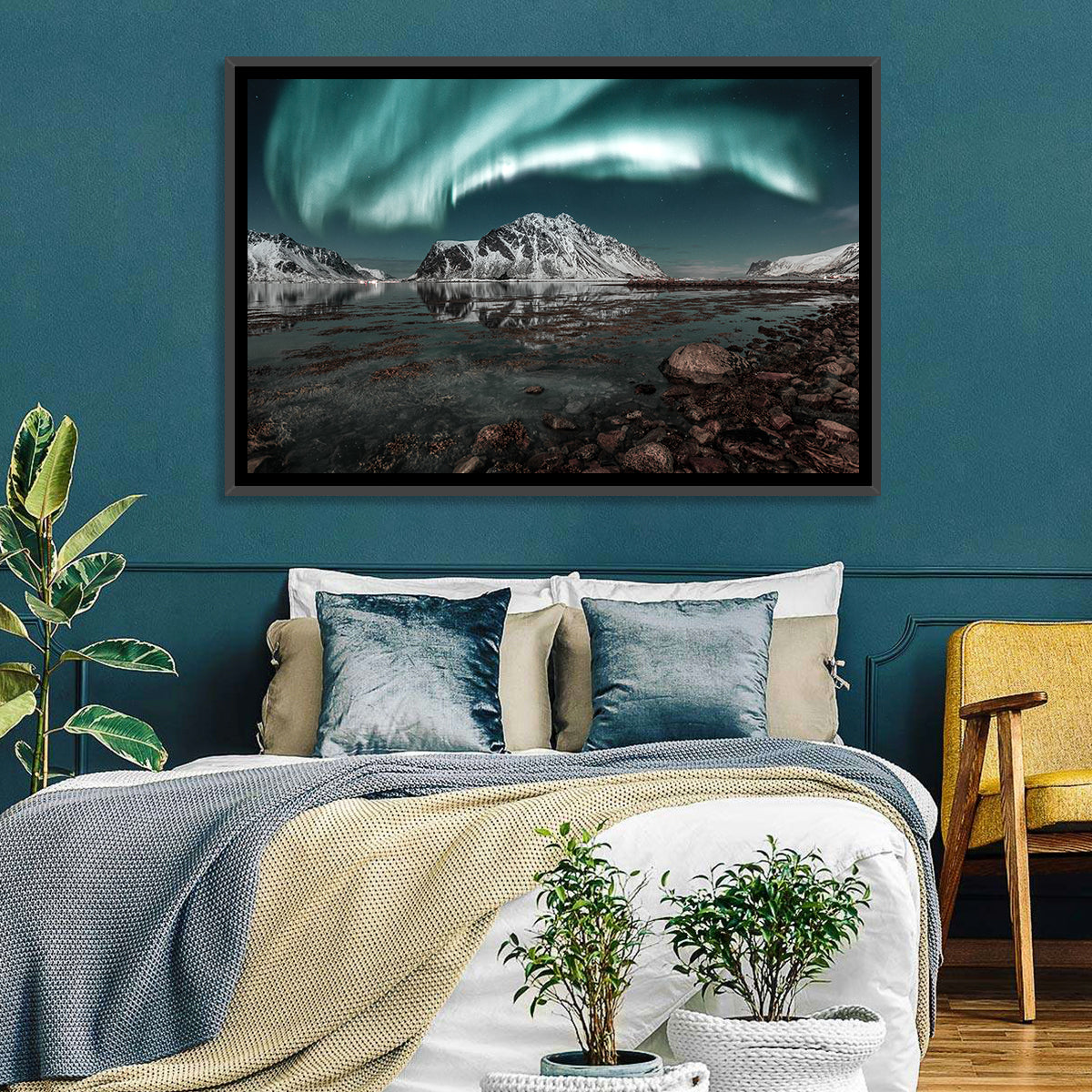 Lofoten Aurora Reflection Wall Art in a room, landscape