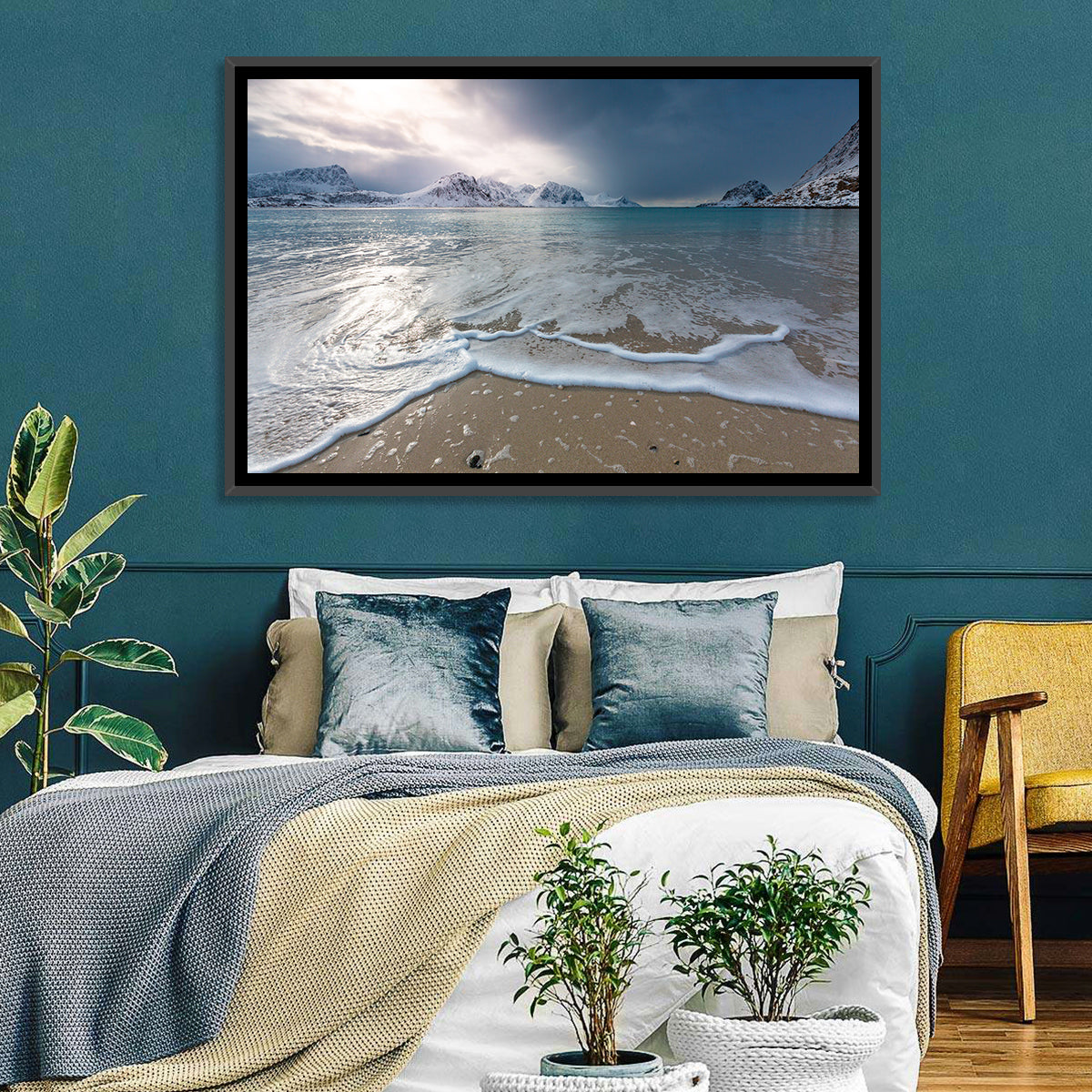 Haukland Beach Winter Light Wall Art in a room, landscape