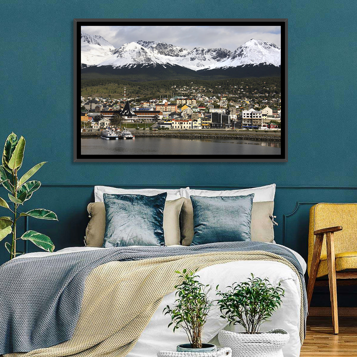 Ushuaia Harbor and Snowcapped Mountains Wall Art in a room, landscape