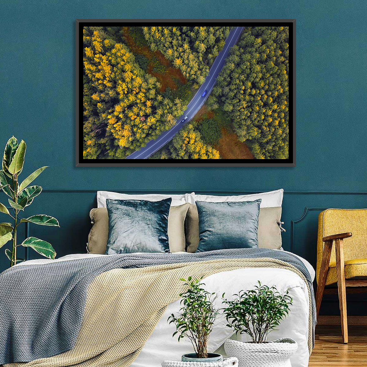 Aerial Autumn Forest Road Wall Art in a room, landscape