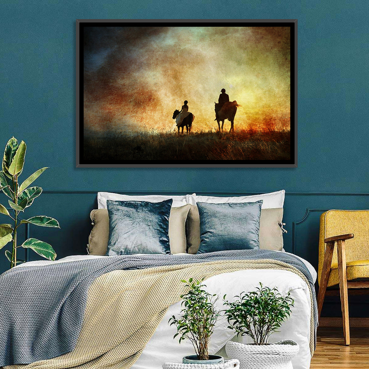Silhouetted Horse Riders at Sunset Wall Art in a room, landscape