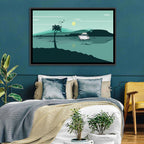 Teal Lake Boat with Palm Tree Wall Art