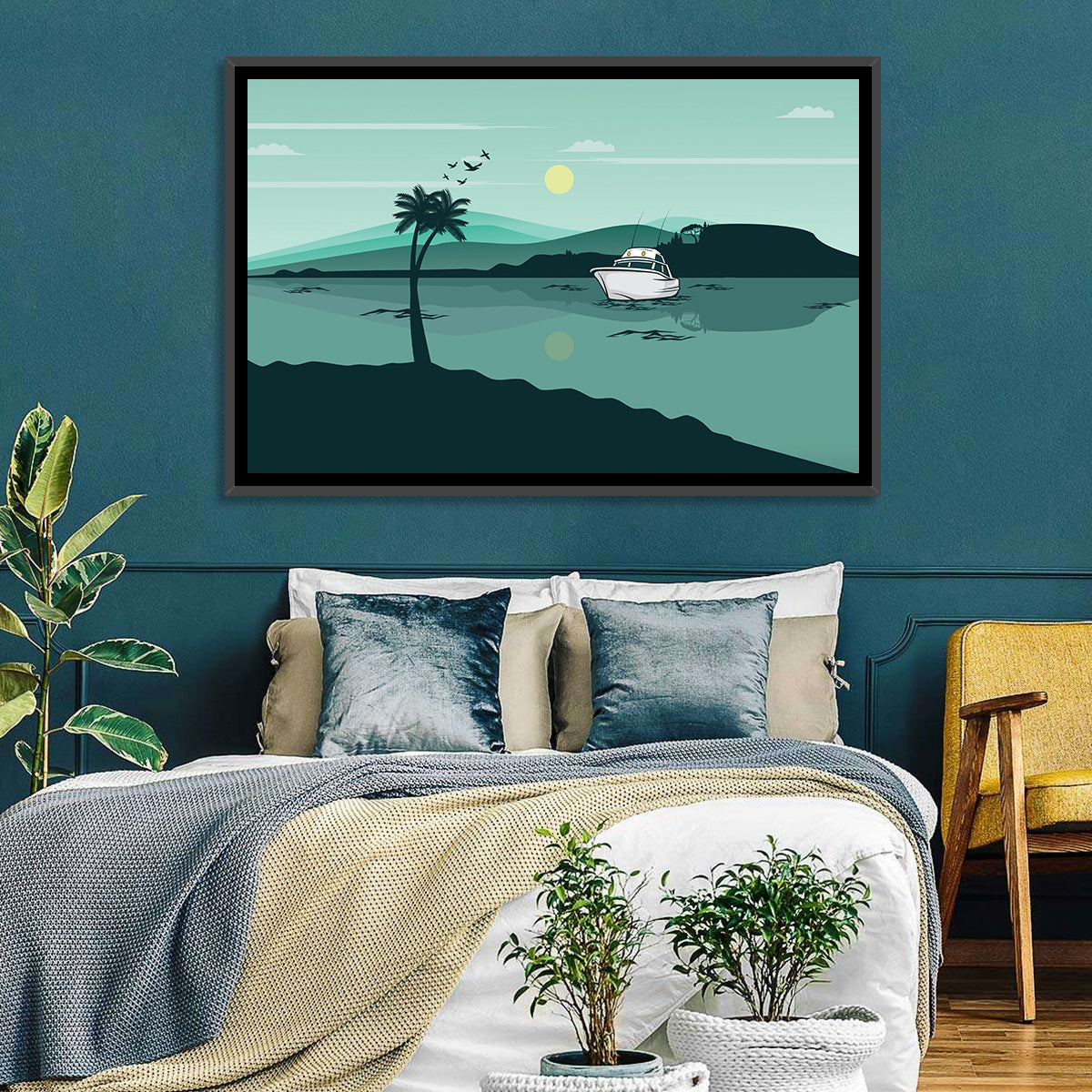 Teal Lake Boat with Palm Tree Wall Art